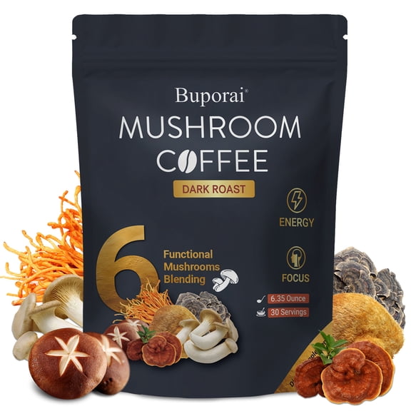 Mushroom Coffee Dark Roast - with 6 Mushrooms & Instant Coffee - Lion’s Mane, Cordyceps - for Energy, Focus, Digestion - 30 Servings