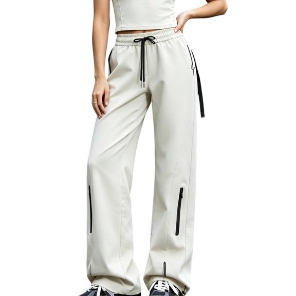 TOUMENY Women Cargo Pants Spring Fall Casual Elastic Waist Stretchy Breathable Pants Solid Loose Wide Leg Drawstring Joggers Trousers Beige XXXL