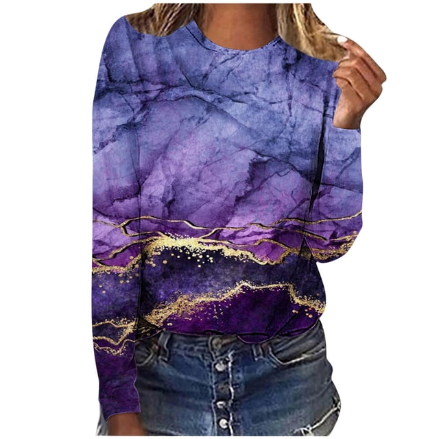 Hauts à Manches Longues pour Femmes T-Shirts Imprimés Décontractés Amples à Col Rond à Manches Longues Hauts Blouse T-Shirts à Manches Longues pour Femmes T-Shirts Longs pour Femmes Blouses à Manches Longues pour Femmes
