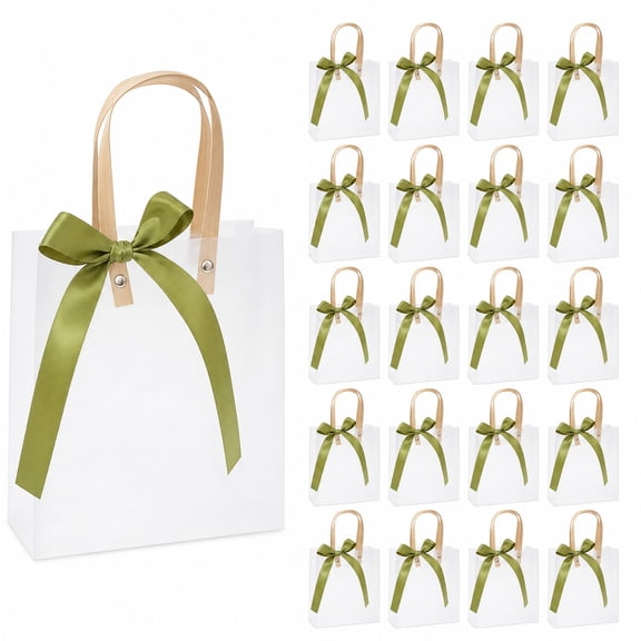 20PCS Clear Gift Bags With Handles, Elegant Reusable PVC Tote Bags With Green Ribbon, Transparent Wedding Welcome Bags, Bridesmaid Gift Bags, Clear Bags For Gifts