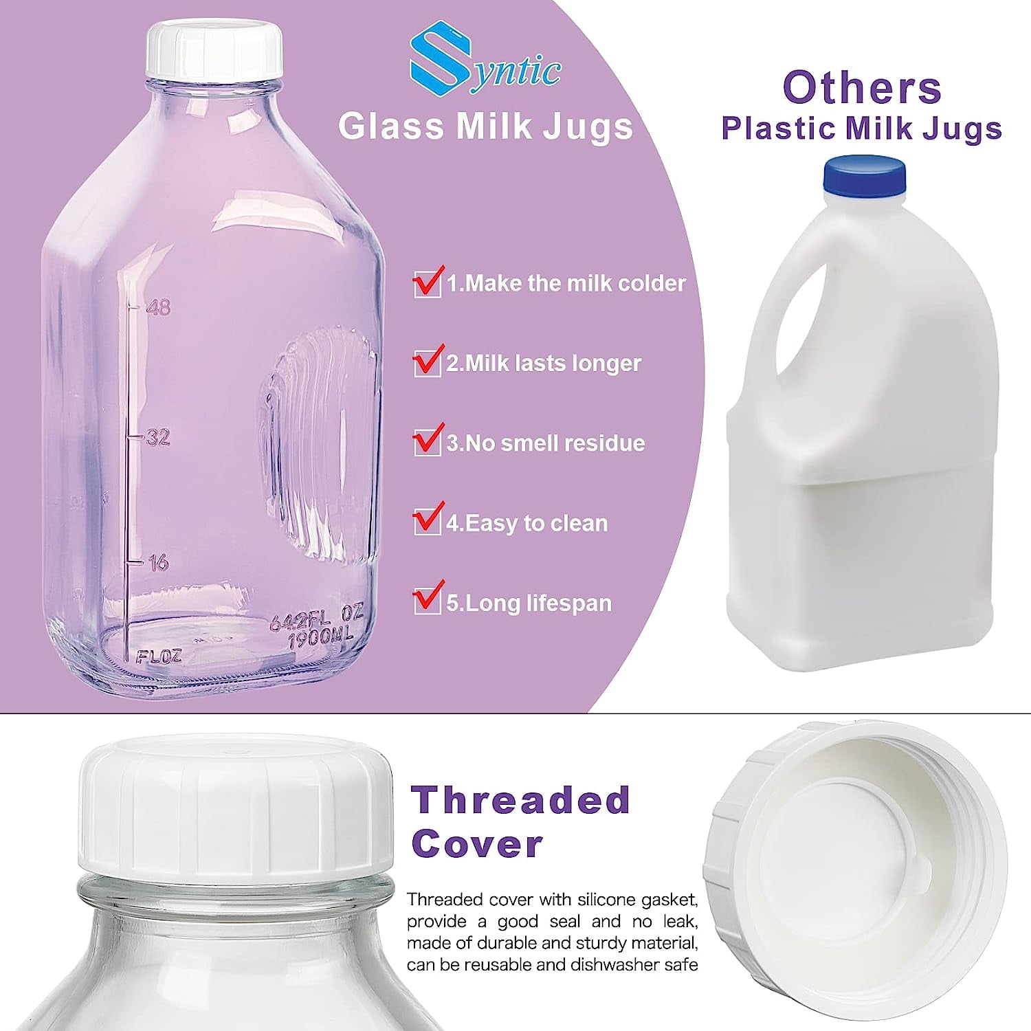2 Qt Glass Milk Bottle with Reusable Strong Airtight SCREW LID, 64 Oz Glass Juice Bottles for Almond Milk, Oat Milk Nut Milk- 0.5 Gal Glass Water Bottle with 2 Exact Scale Lines, Extra Handle AND