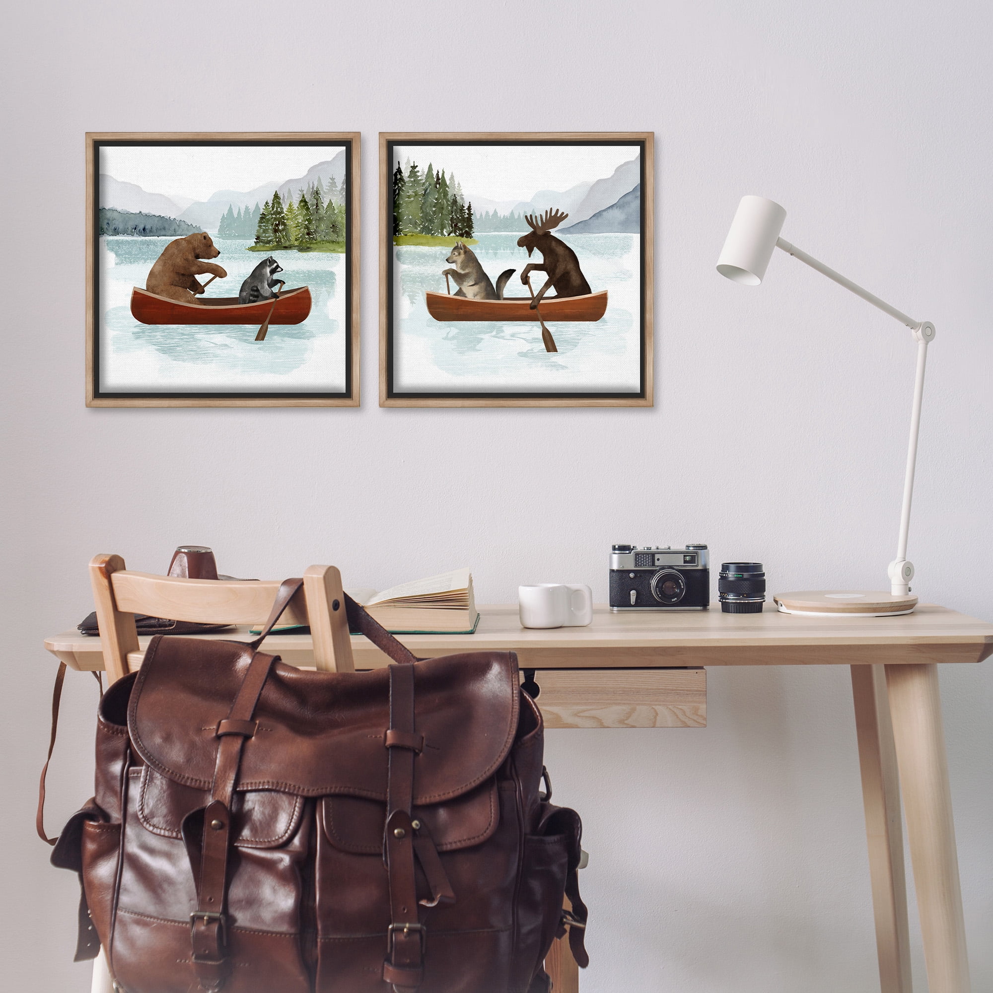 Stupell Industries Woodland Animals on Canoes Animals & Insects Painting Brown Floater Framed Canvas Art Print Wall Art, 18 x 18, Set of 2