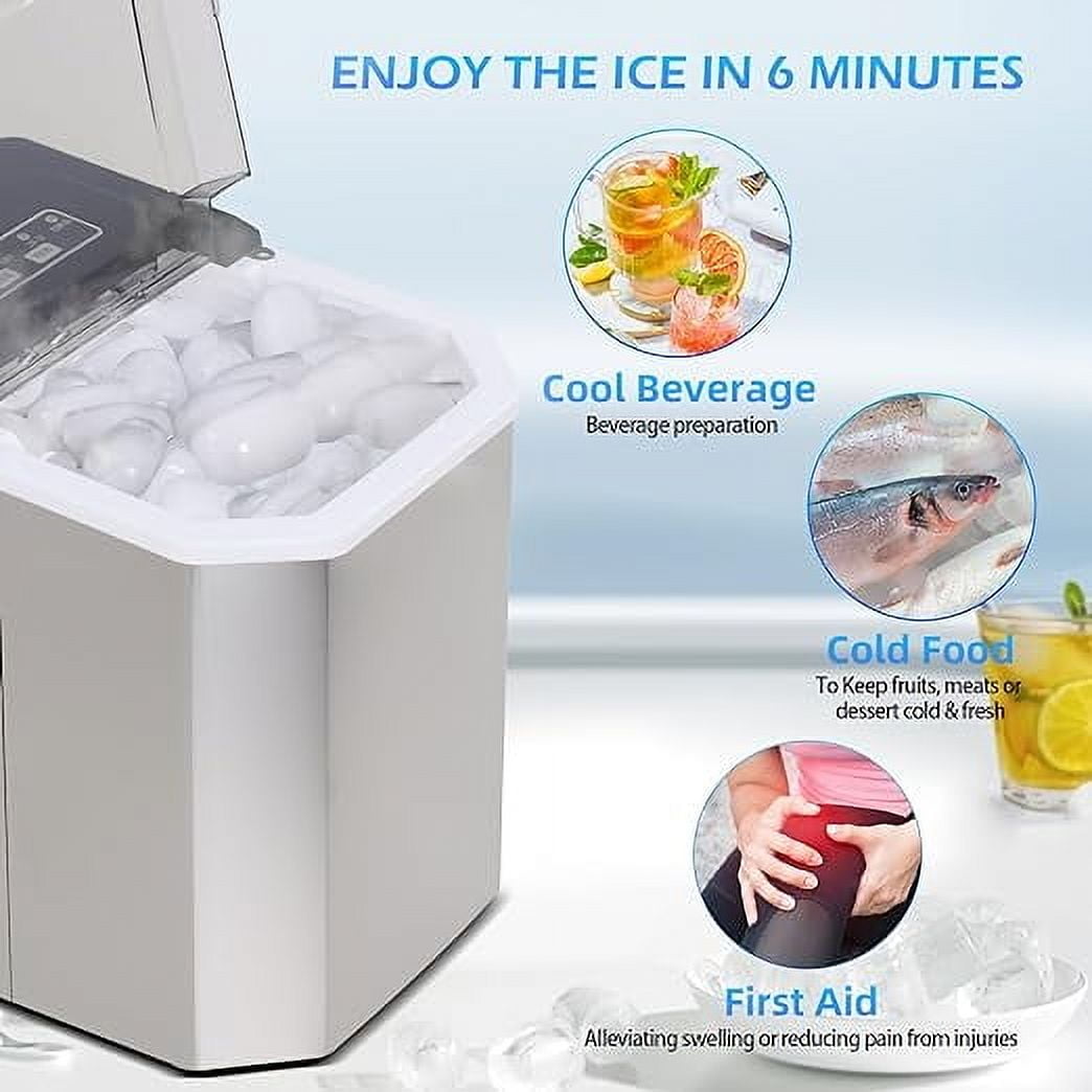 Countertop Ice Maker, Portable Stainless Steel Machine with Scoop Holder, Self-Cleaning, 26Lbs in 24Hrs, 9 Cubes in 6 Mins, 2 Sizes of Bullet Ice Cubes for Home Office Camping Boating RV