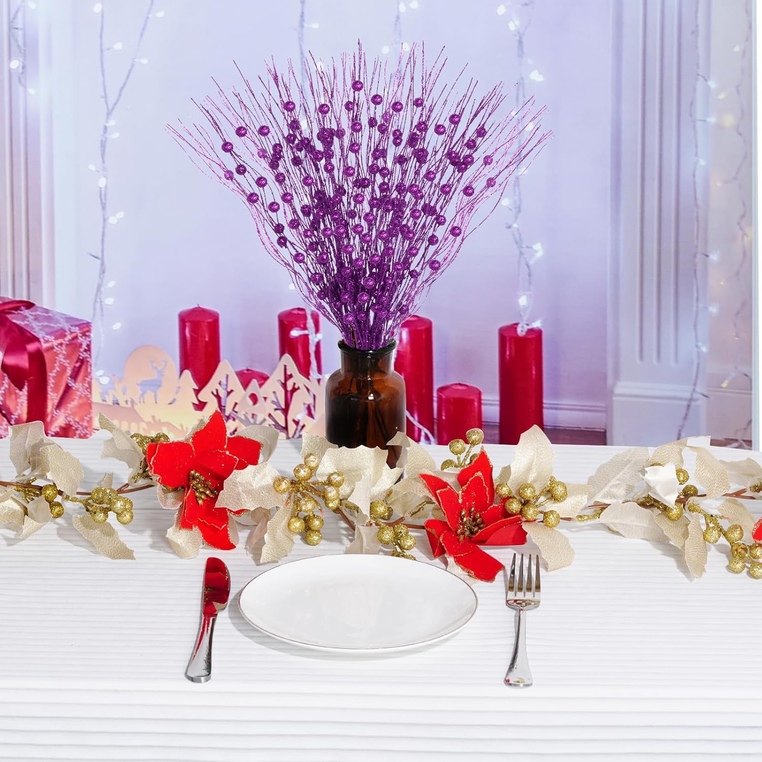 30 Pack Christmas Tree Berry Stem, Decorative Bead Sticks, Glittery Twigs, Picks, Branches for Christmas Tree, Small Vase, Holiday, Wedding, Party (17 Inches, Purple)