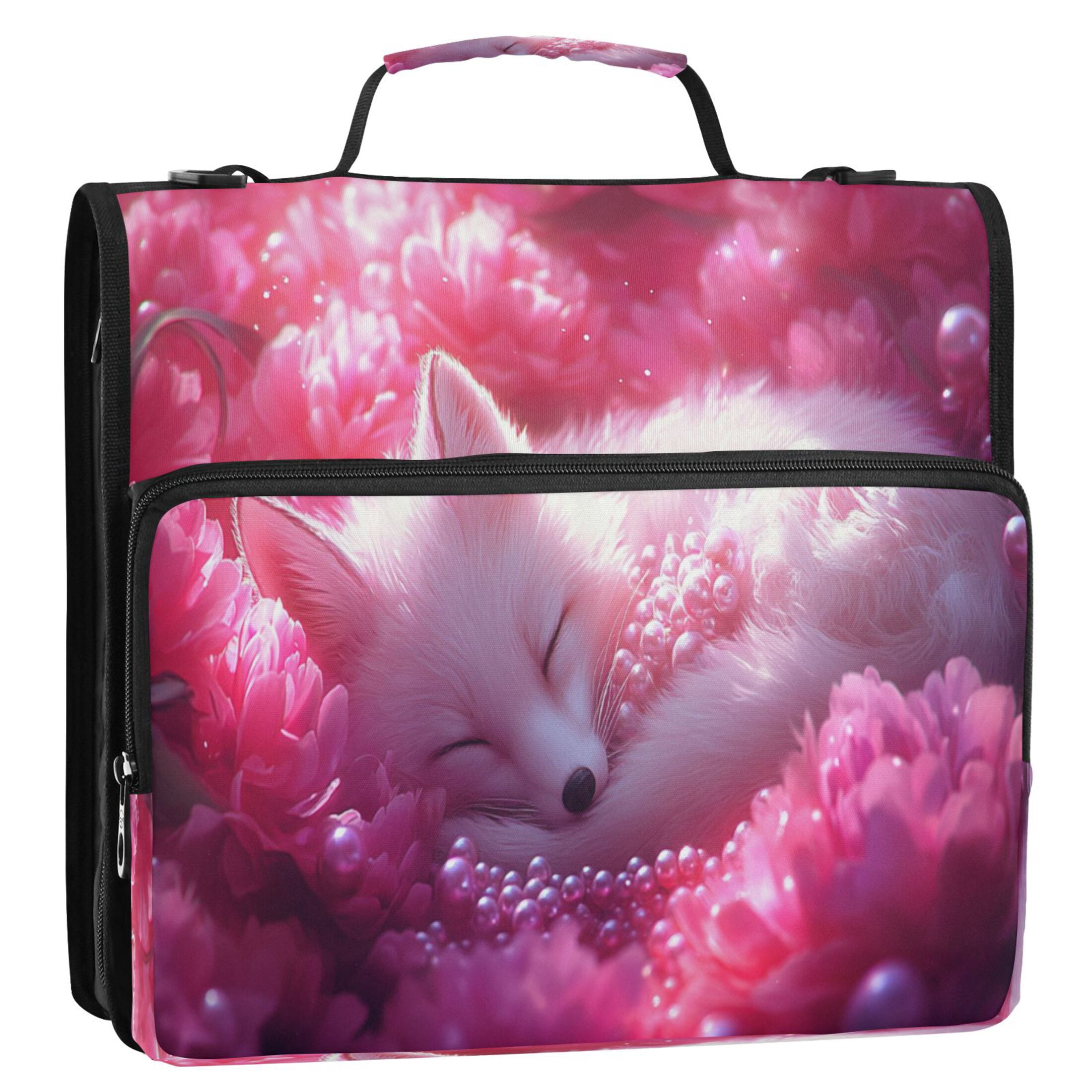 YAZAOO Zipper Binder trapper keeper Documents Organized Design Sleeping Fox Pink Flowers Pearls Printed