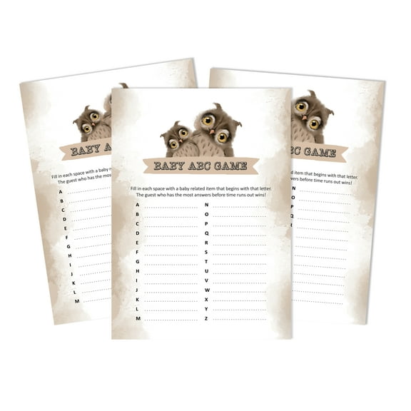 Inkdotpot Baby Shower Game Set Of 50 BabyAlphabetABCGame Owl Bird Party Supplies