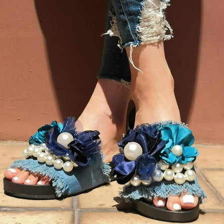 

HIBRO Women s Fashion Denim Fringe Flower Outdoor Slippers Beach Shoes Sandals