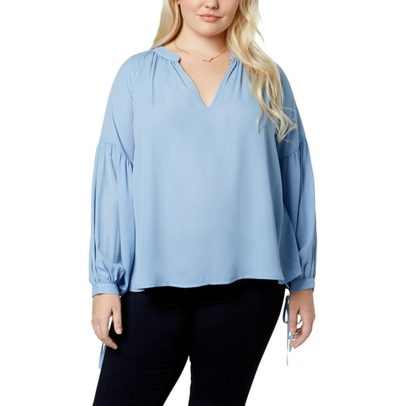 Say What Trendy Plus Size V Neck Blouse Blue 1x