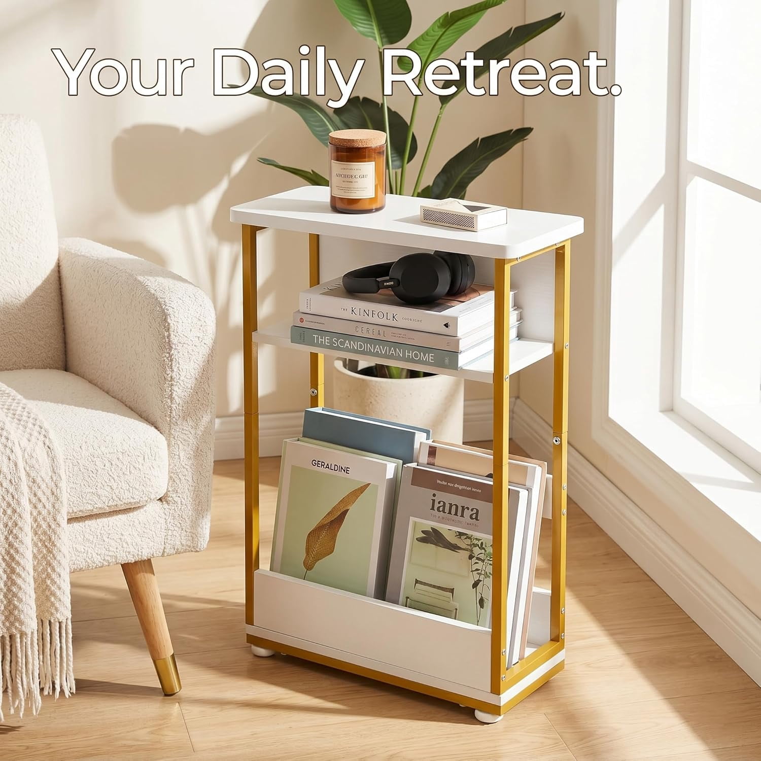 ZEXVIDA End Table for Narrow Space, 3 Tier Narrow Side Tables Modern Sofa Table with Storage Shelf, Bedside Table Slim Nightstand with Magazine Rack Living Room Home Office,White,White+gold