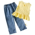 thumbnail image 5 of WUANDIXFA Toddler Kids Girls Clothes Short Sleeve Shirt Top Flare Denim Jeans 2 Piece Outfits For Girls Cute Clothing Set (Yellow, 3-4 Years), 5 of 8