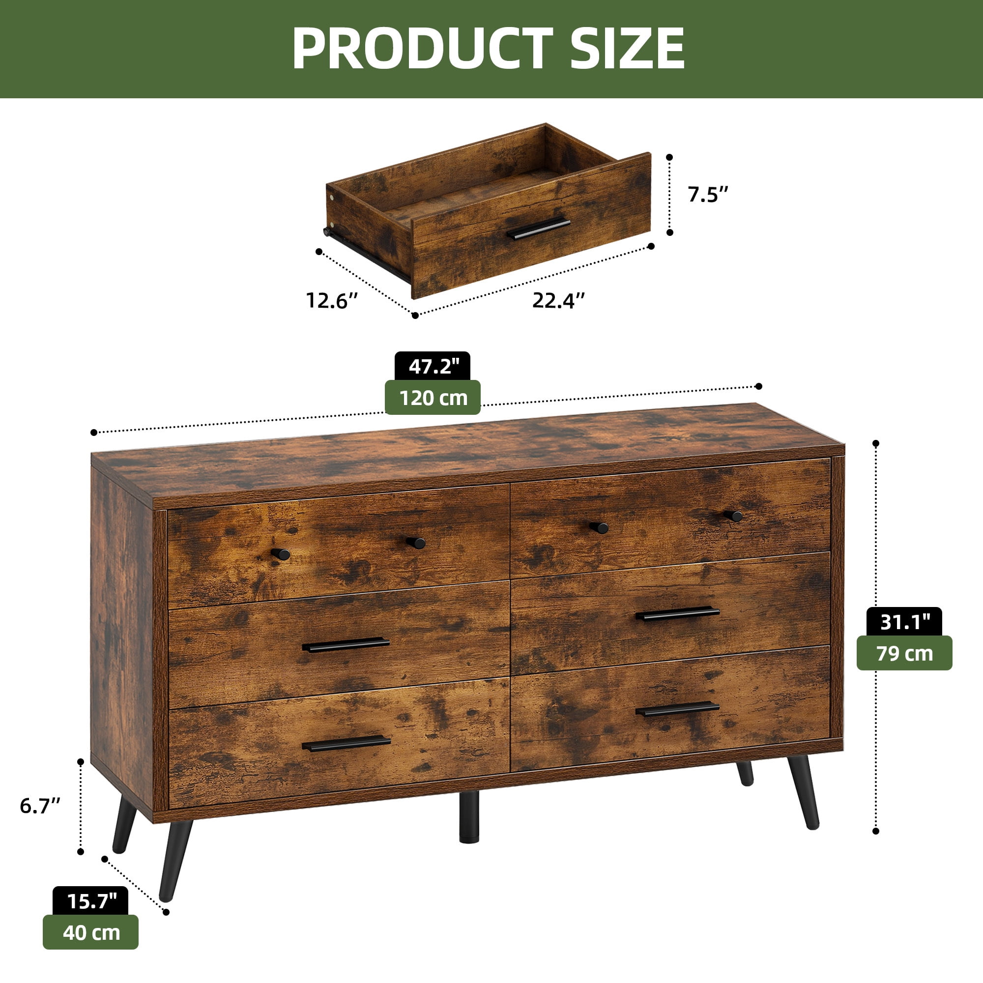 Uforic 6-Drawer Horizontal Dresser for , Wood Chest of Drawers, Brown