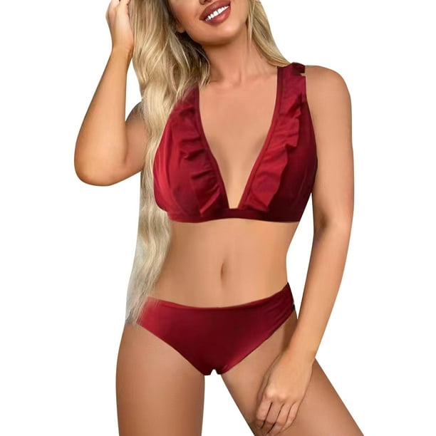 Gibobby Conjunto de traje de baño de bikini Bikini de mujer Push Up Trajes de baño de dos piezas Iacework Traje de baño Retro Ruched Fashion Bikini Set(Rojo,CH)