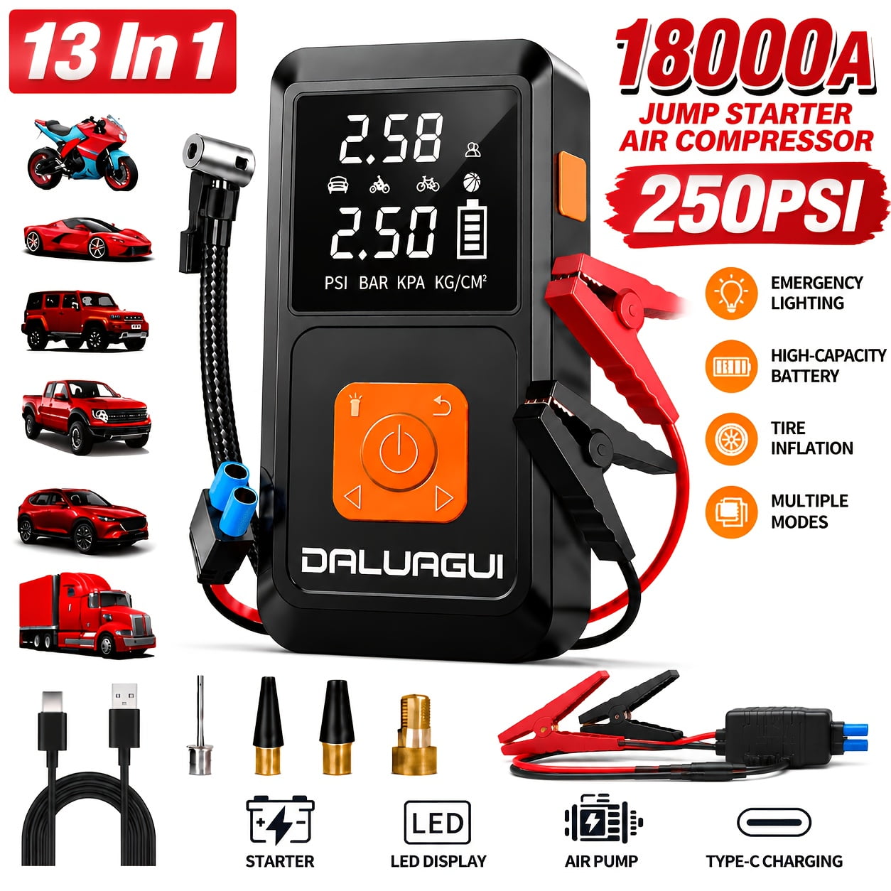 DALUAGUI 13-in-1 Multi-Functional Emergency Jump Starter with Air Pump LCD Display & LED Light Automotive Emergency Kit Outdoor Holiday Gift