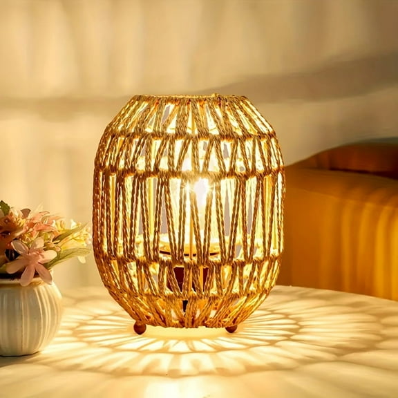 Bohemian Woven Table Lamp - Brown Swing Arm with 3-Color Lighting - USB Powered Bedside Lamp - Adjustable Modern Design for Bedroom & Office Decor