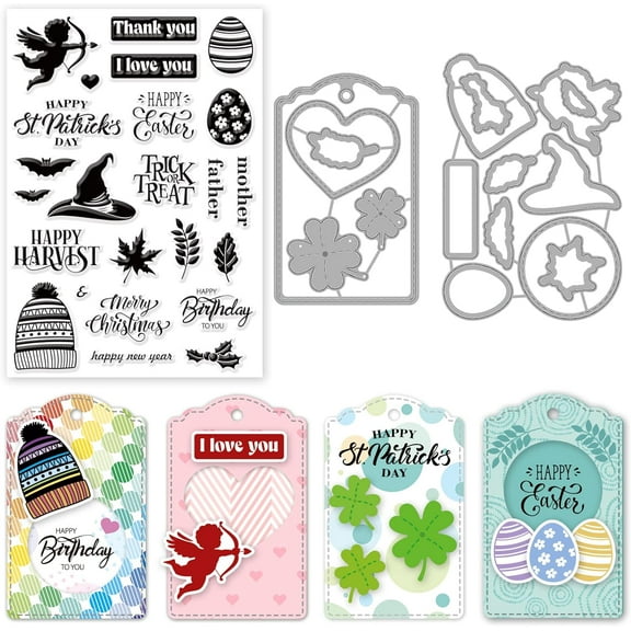 Tag Cutting Dies Easter Egg Clear Stamps and DiesSets for Card Making Frame Die Cuts Clover Silicone Stamps for Scrapbooking ST. Patrick's Day Transparent Stamps and Dies for Paper Crafts