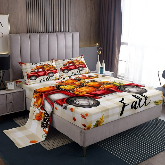 Erosebridal Ensemble de Draps de Lit Camion Rouge Taille Très Grand, Draps de Lit à Carreaux Rustiques Très Grand, Ensemble de Draps Citrouille de Récolte Très Grand, Décoration de Chambre Ultra Douce, 4 Pcs