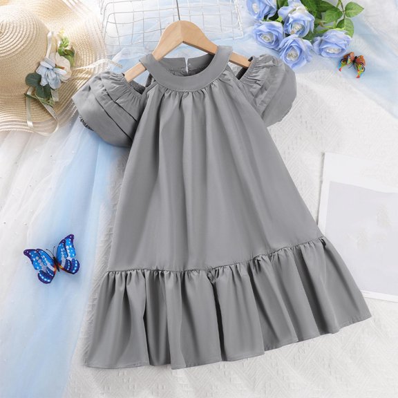 Cold Shoulder Dresses for Girls Size 4-8 Toddlers Kids Cute Short Puffed Sleeve Crewneck Solid Color Pullover Vacation Beach Dress