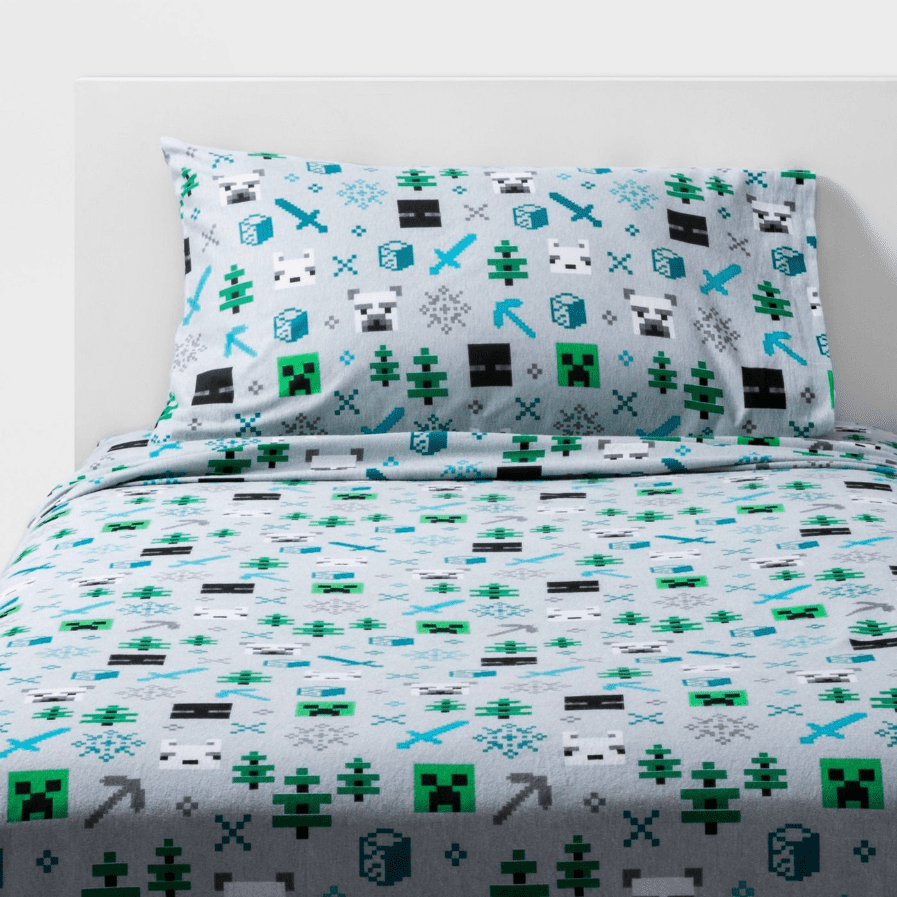 Boys Bedding Gift 4 Pieces Minecraft Christmas Full Flannel Sheet Set 