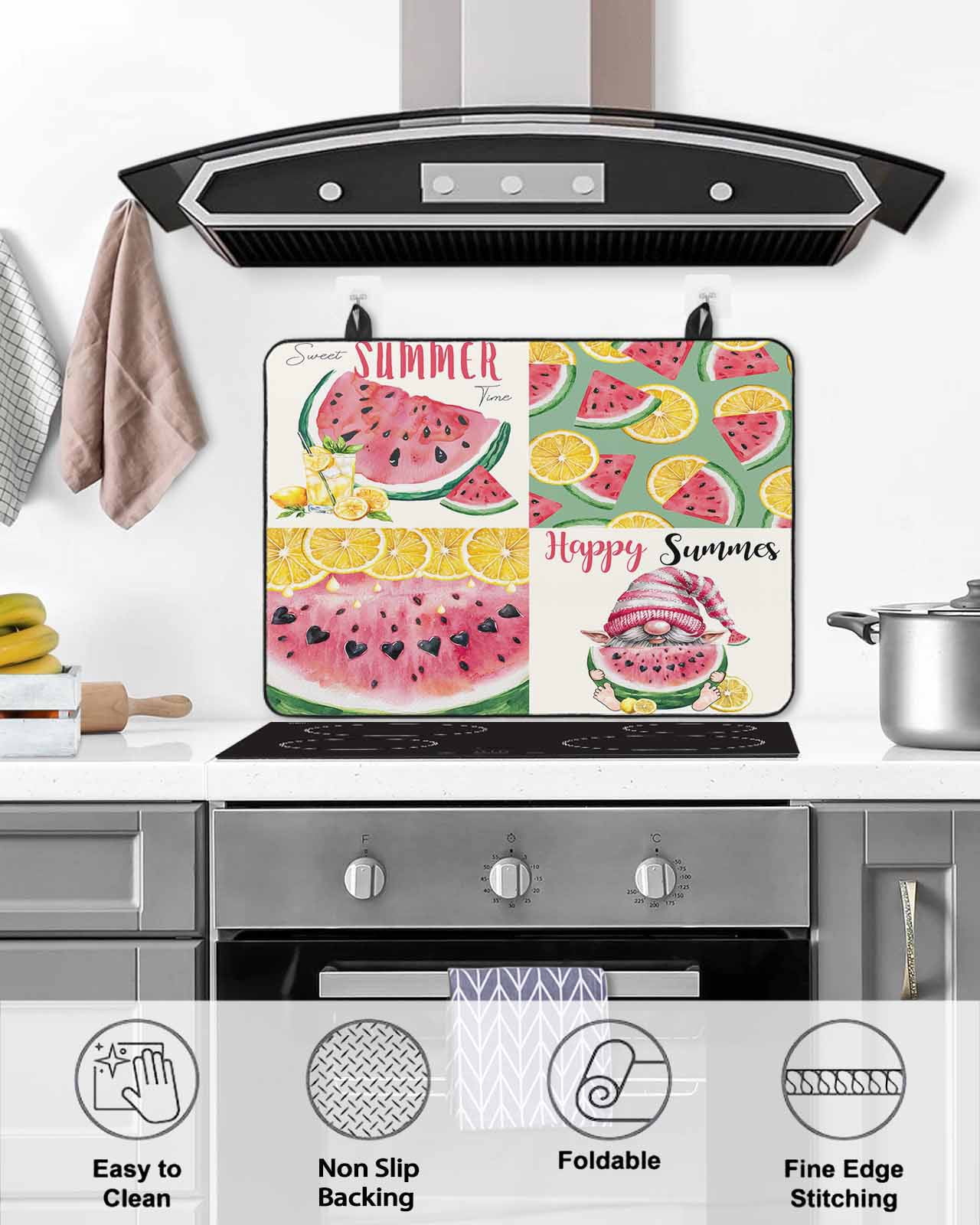 nqOlkjepod Large Induction Cooktop Protector Mat 28.5"x20.5", Red Watermelon Stove Top Covers for Electric Stove, Summer Yellow Lemon Gnome Pastoral Stove Burner Cover Mats, Glass Top Stove Cover