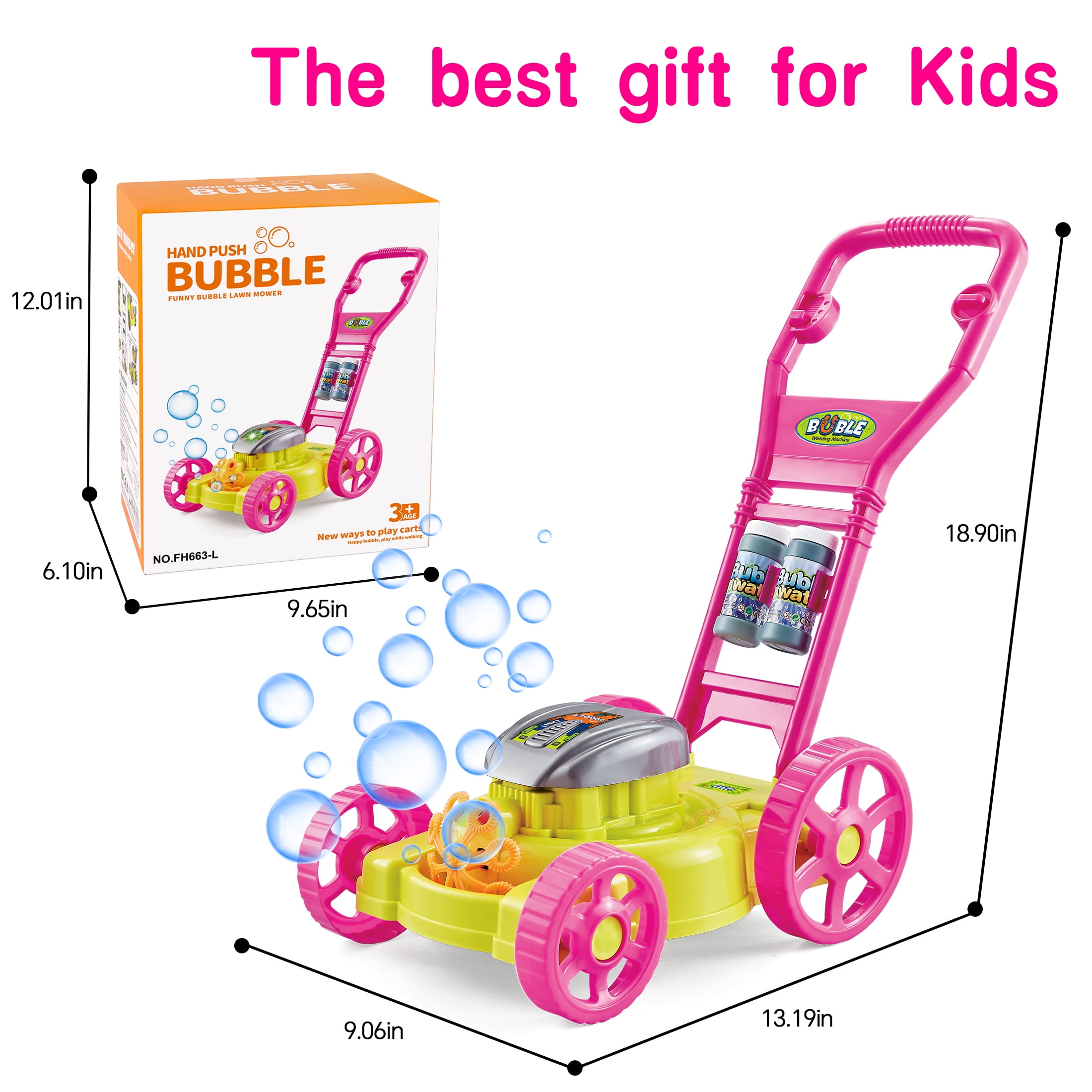 KOPPOP Bubble Lawn Mower - Bubble Machine for Outdoor and Indoor Use, Push Mower with Sound Effects and Bubble Blowing Function - Pink