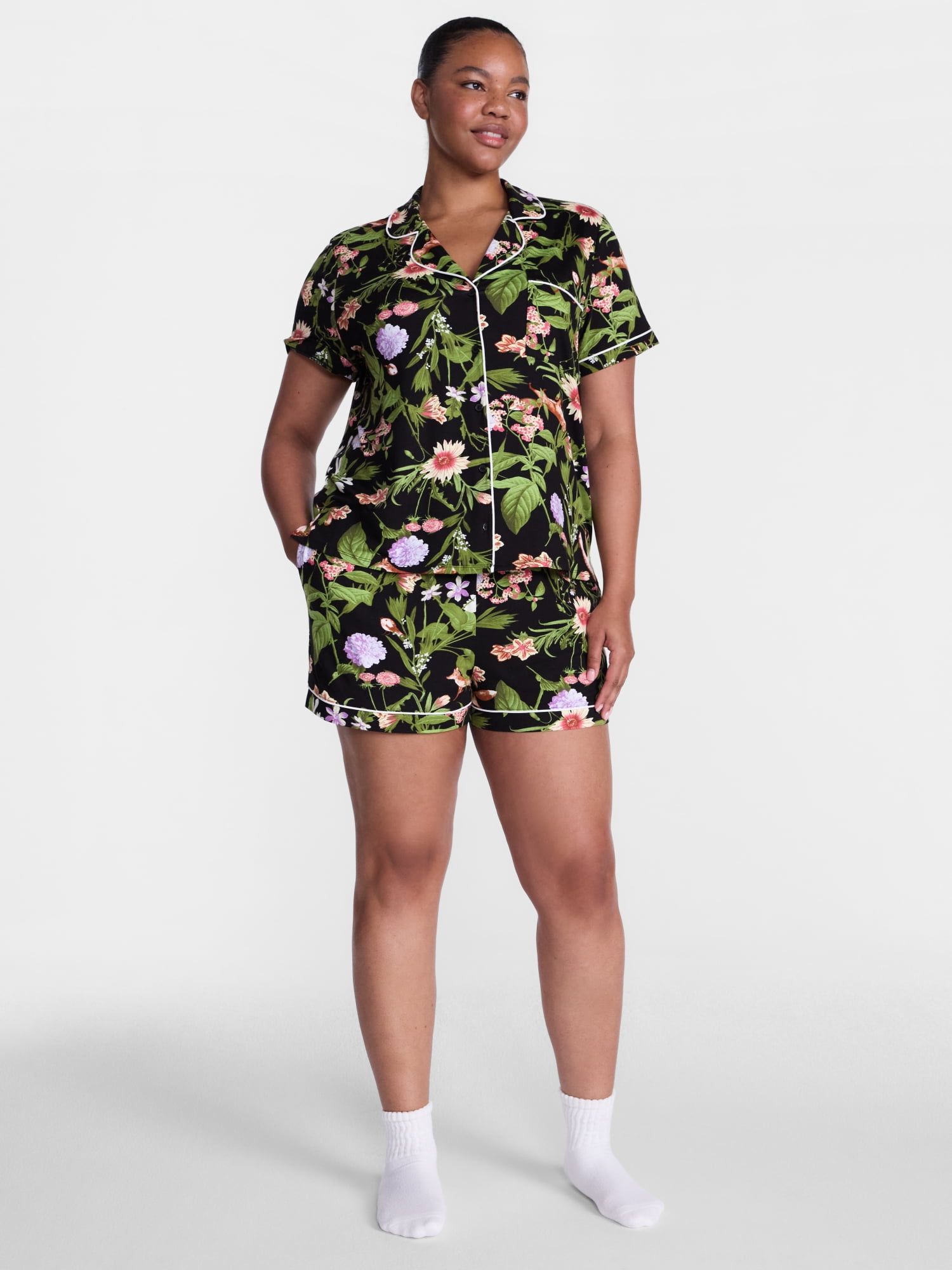 Joyspun Women’s Dreamy Soft Collection Notch Collar Knit Top and Boxer Shorts, 2-Piece Pajama Set, Sizes XS-3X