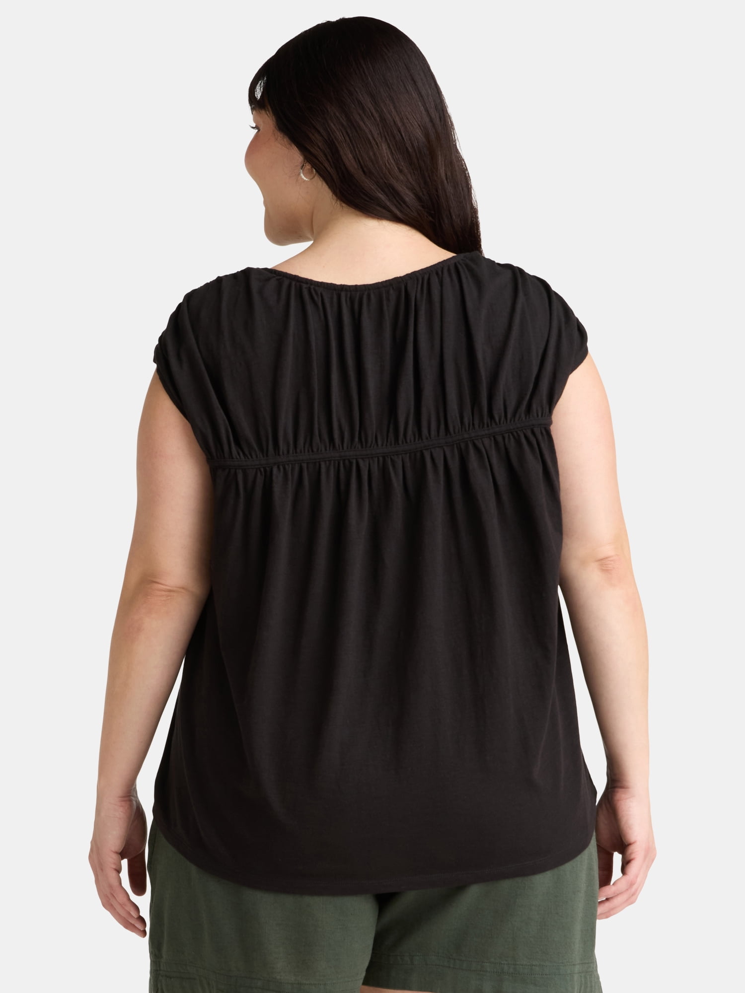 Terra & Sky Women's Plus Size Shirred Tie Top