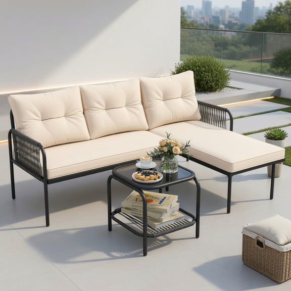 Resenkos 3-Piece L-Shaped Outdoor Patio Furniture Set – PE Rattan Sectional Sofa with Beige Cushions, Tempered Glass Coffee Table, Black Frame – for Deck, Balcony & Poolside