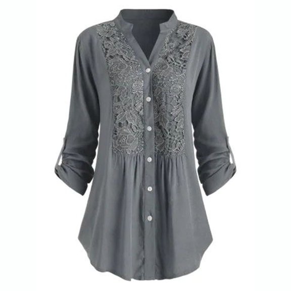 Lindreshi Long Sleeve Shirts for Women Plus Size Women Ladies Large Size Button Lace V Neck Long Sleeve Shirt Blous