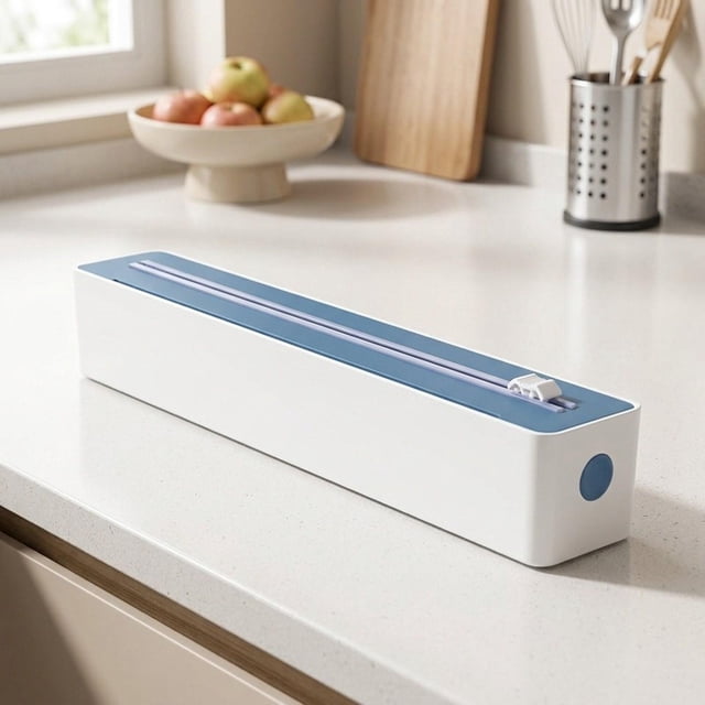 Dispensador de film transparente, dispensador de papel de aluminio, accesorios reutilizables para mujer, compacto y versátil para papel de aluminio, Azul