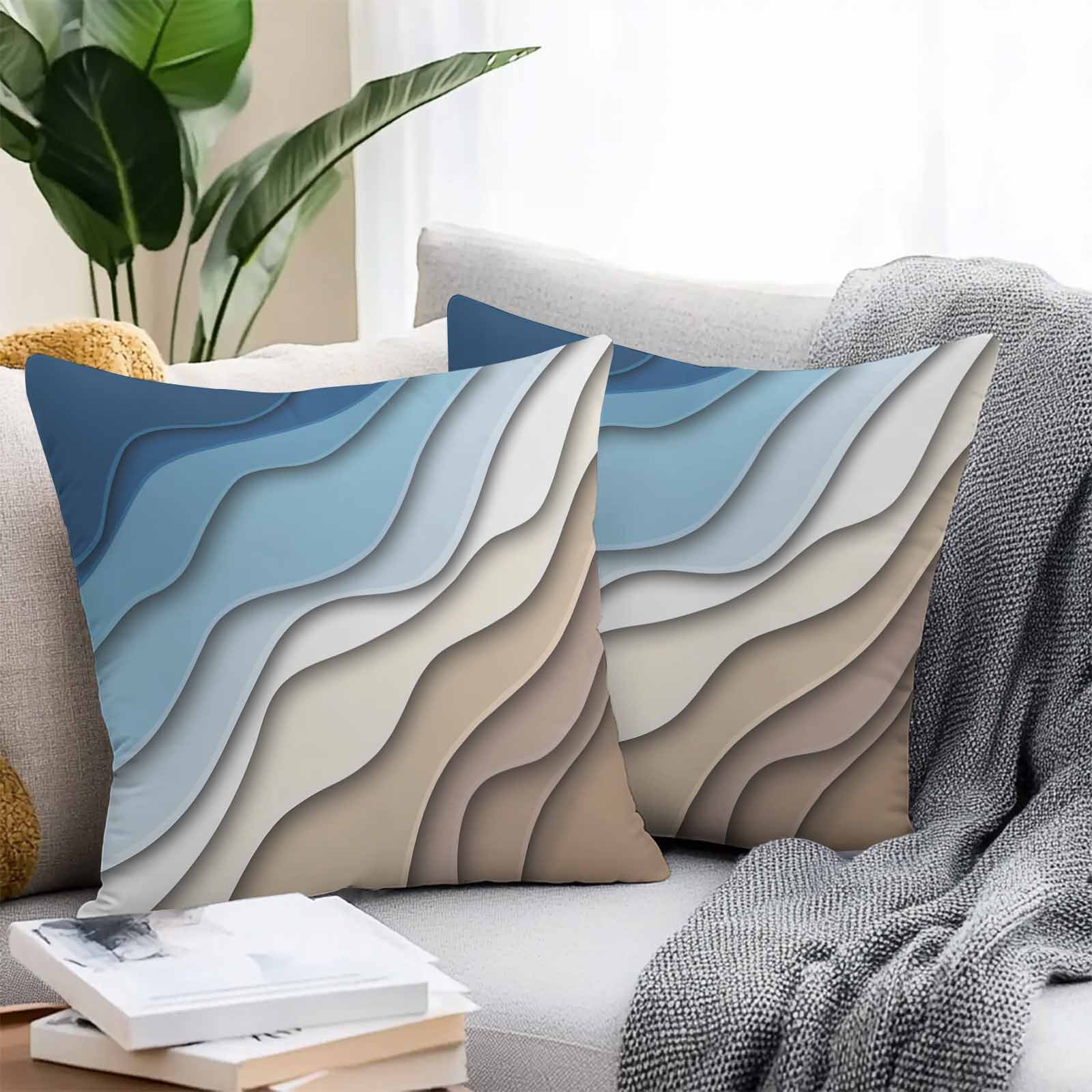 Outdoor Waterproof Throw Pillow Covers Set of 2 Blue Brown Modern Geometric Decorative Pillowcases Outdoor Pillows Cushion Case 16x16 Inch Ombre Blue Abstract Patio Pillows for Couch Sofa Bed Garden