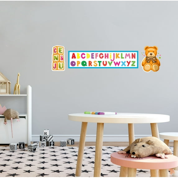 KIDS ROOM - Multicolored English Alphabet Letters Educational Decal Art Sticker Kids Toys Alphabet Cubes Teddy Bear Design Kids Bedroom Vinyl Wall Decal 30" x 6"