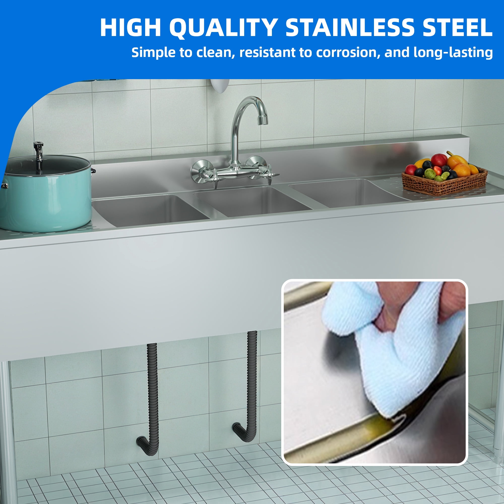 Dextrus Kitchen Sink 3 Compartment Stainless Steel Sink with Double&nbsp;Drainboard&nbsp;Commercial Freestanding Sink for Restaurant, Garage, Utility Sink 60" W x 16" D x 32" H