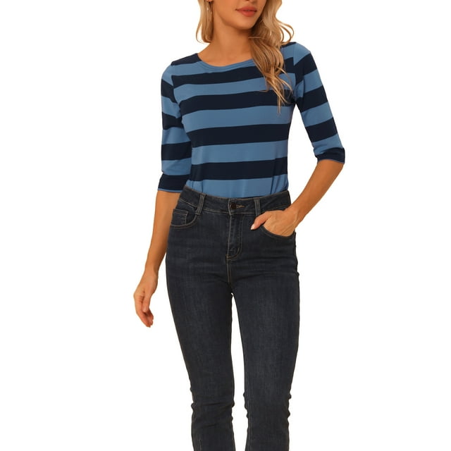 INSPIRE CHIC Chemises à Rayures pour Femmes Coupe Ajustée Manches au Coude T-Shirt à Encolure Bateau TP Bleu Bleu Foncé