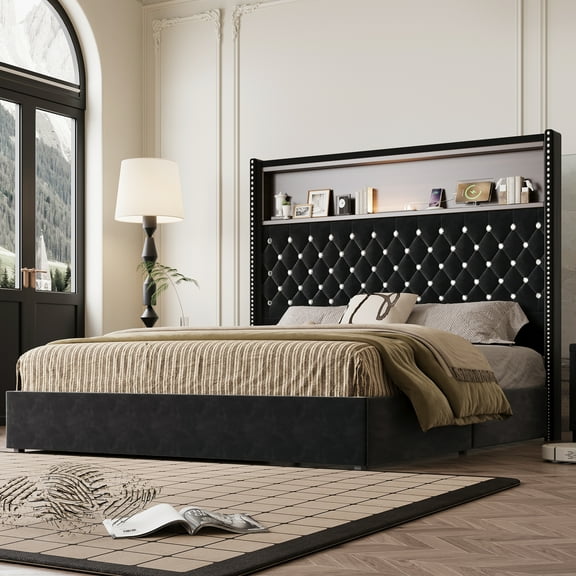 Euroco Upholstered Full Size Tuft Platform Bed with USB Ports and Night Light, Wing Back Headboard with Storage, Black