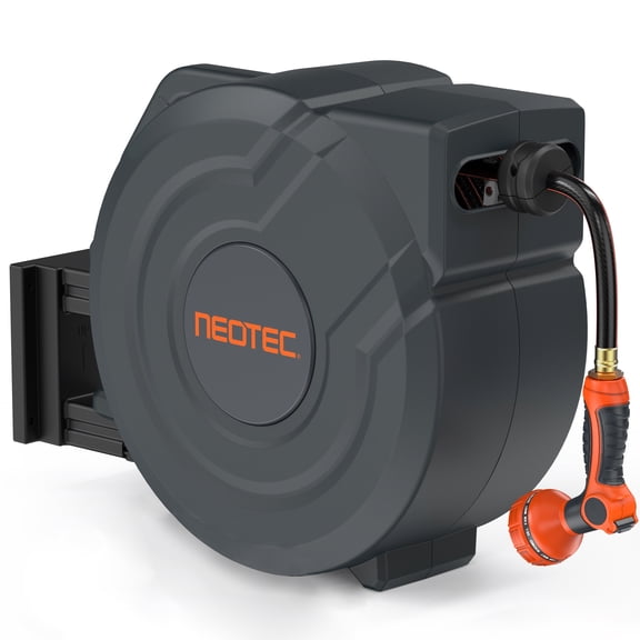 NEOTEC 5/8" x 100 FT Retractable Garden Hose Reel with Automatic Rewind, 9‑Pattern Spray Nozzle, 180° Swivel Bracket,for Watering Gardens, Cleaning Patios & Yard Maintenance