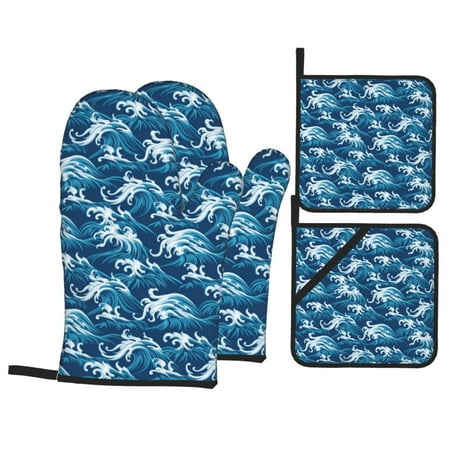 

Oven Mitts and Pot Holders 4 pcs Set Sea Water Wave Heat Resistant Pot Holders Oven Mitts for kitchen Non-Slip Hanging Loop Oven Glove Potholders for Baking Cooking