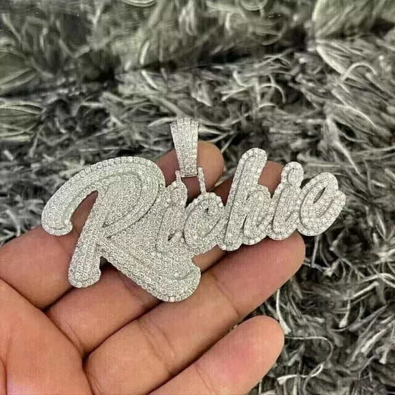 Real Moissanite 3Ct Round Cut Men's Custom Name Charm Pendant 14K White Gold Plated