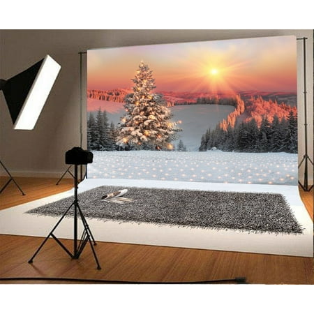 Image of HelloDecor 7x5ft Photography Background Setting Sun Glow Winter Snow Field Landscape Backdrop Snow-covered Pine Trees Christmas Festival Shiny Scene Children Baby Girls Family Photo Portrait
