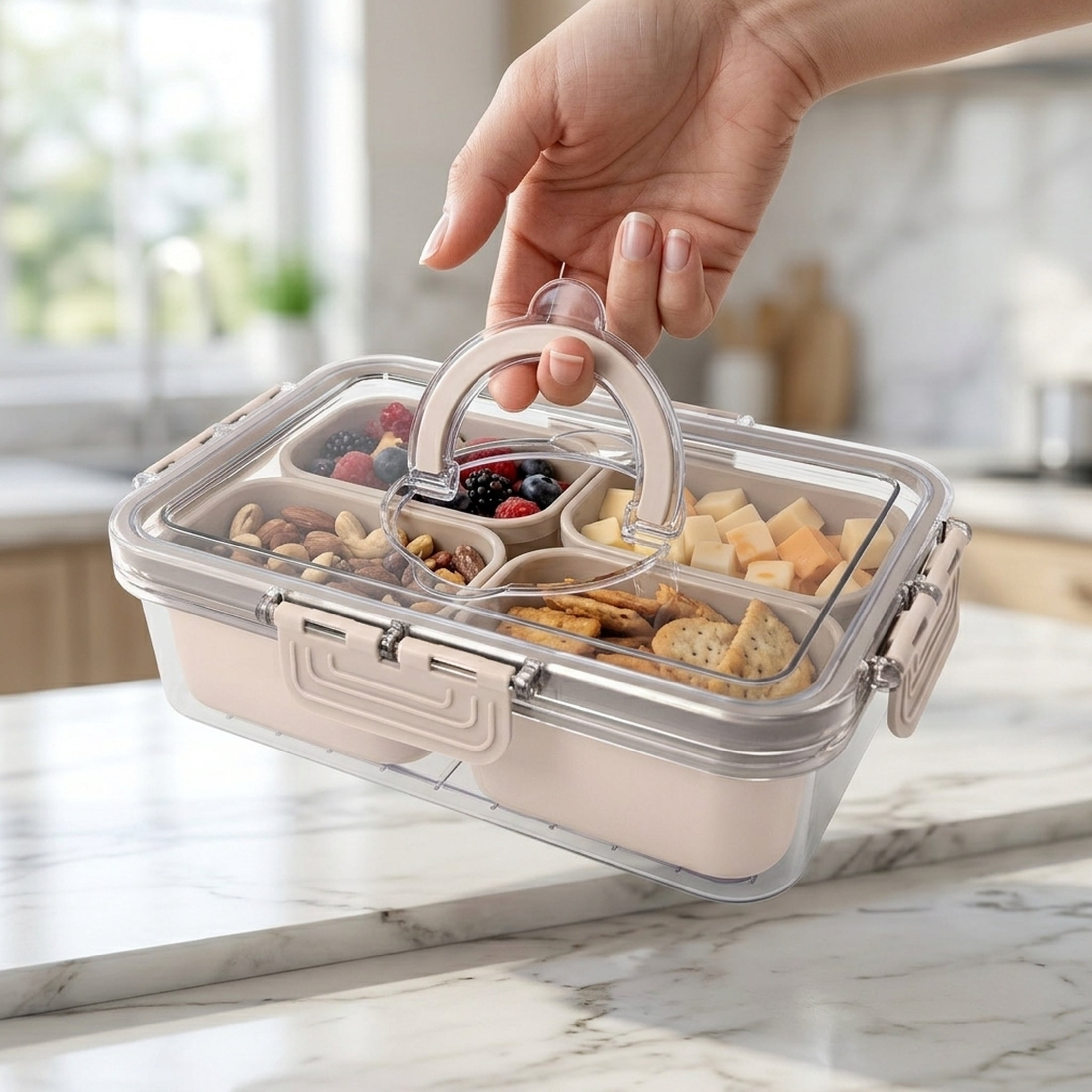 Cook with Color 4-Compartment Mini Snack Box Food Storage Carrier, Charcuterie Container with Ice Pack, Portable and Dishwasher Safe, Taupe