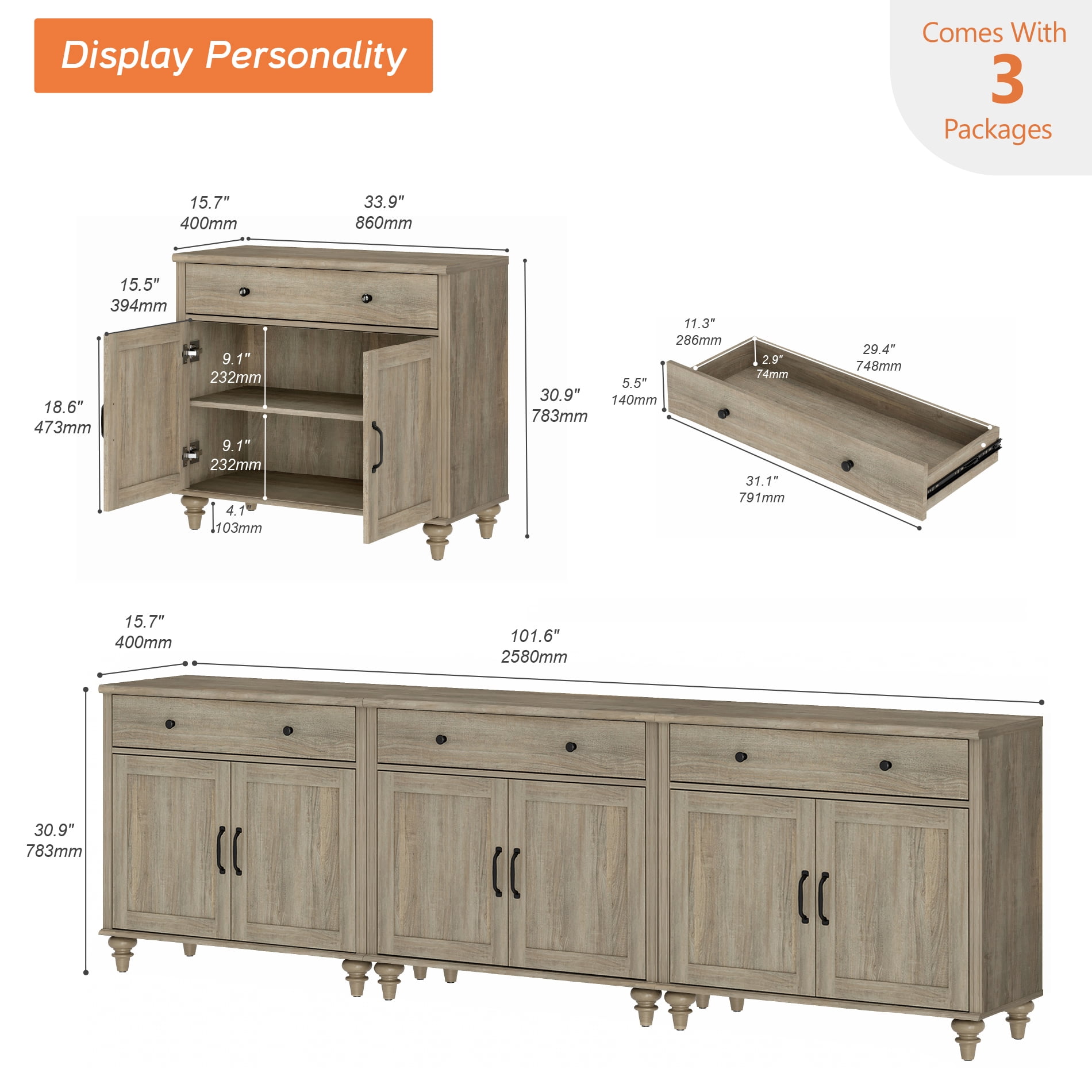 Wash Gray Farmhouse TV Stand for 85 inch TV with Drawers & Doors