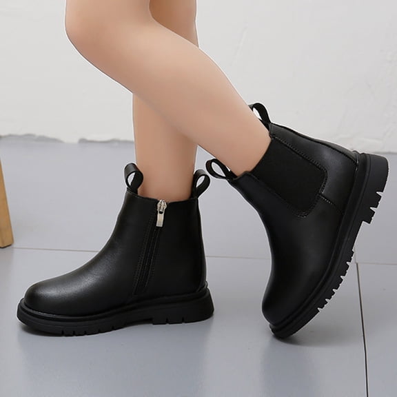 Purcolt Girls Ankle Bootie Comfortable Round Toe Double Elastic Gore Slip On Chunky Sole Short Boot Casual Outdoor Dress Shoes,4-11Y