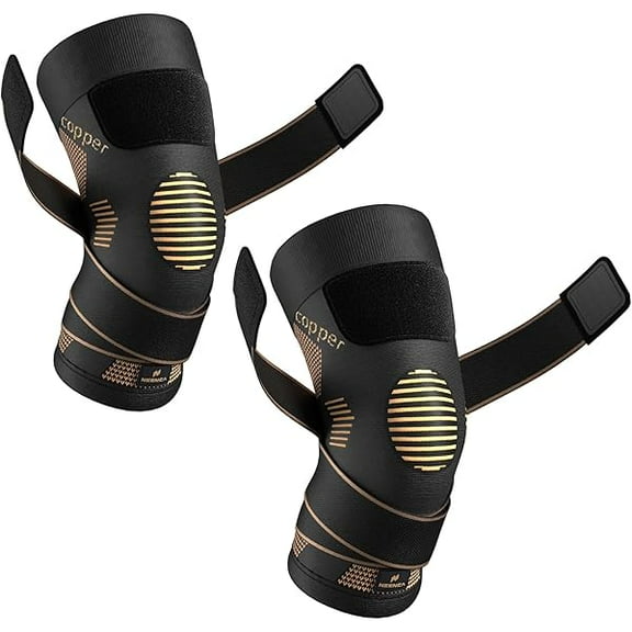 Copper Knee Brace with Straps for Women/Men, Knee Compression Sleeve for Knee Pain, Arthritis, ACL, PCL, Meniscus Tear, Joint Pain Relief. Knee Support for Running, Workout, Weightlifting- Pair