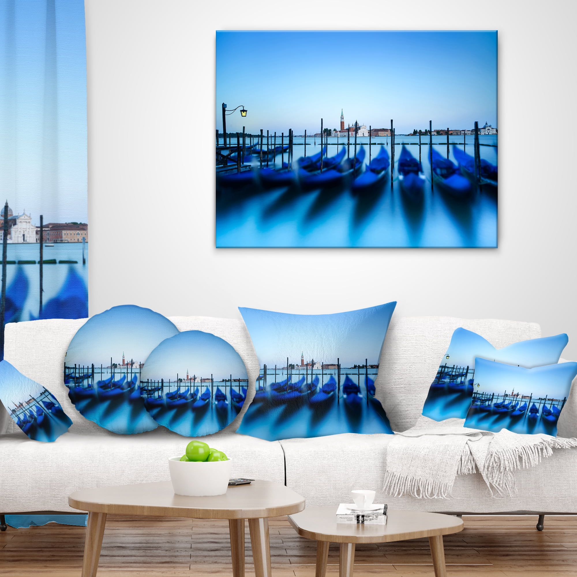 Designart Venice Gondolas at Blue Sunset - Seashore Throw Pillow - 18x18