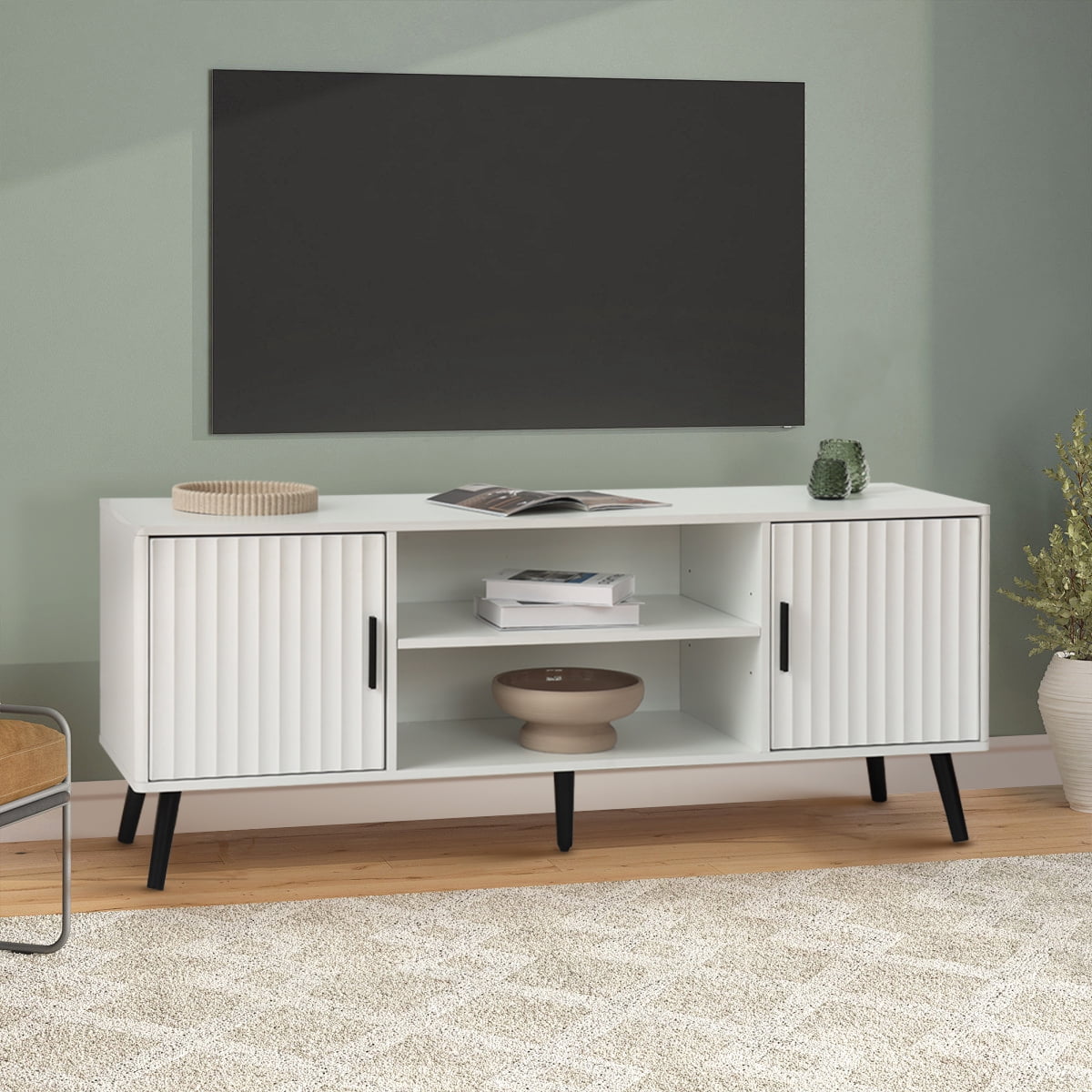 KATHY&BOB Modern TV Stand for 55-65 Inch TV, Media TV Console Table with 2 Storage Cabinets and Adjustable Shelf, Wood Feet, White