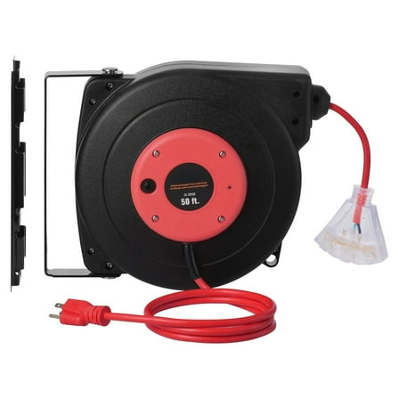50FT Retractable Extension Cord Reel with 3 Outlets, 14/3 SJTOW Heavy Duty Power Cable, 15A/1875W/125V - for Workshop, Garage, Holiday Lights