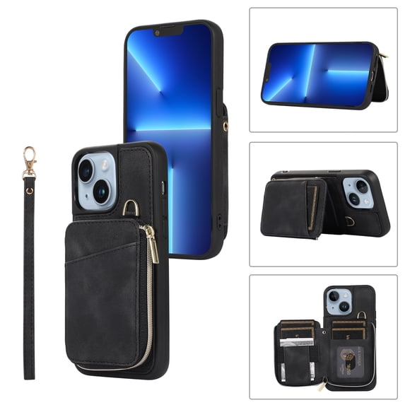 ELEHOLD for iPhone 14 6.1 inch Luxury Zipper Wallet Case with Card Slots Zipper Pocket Kickstand Function Wriststrap Crossbody Shoulder Strap Shockproof Purse Case,Black