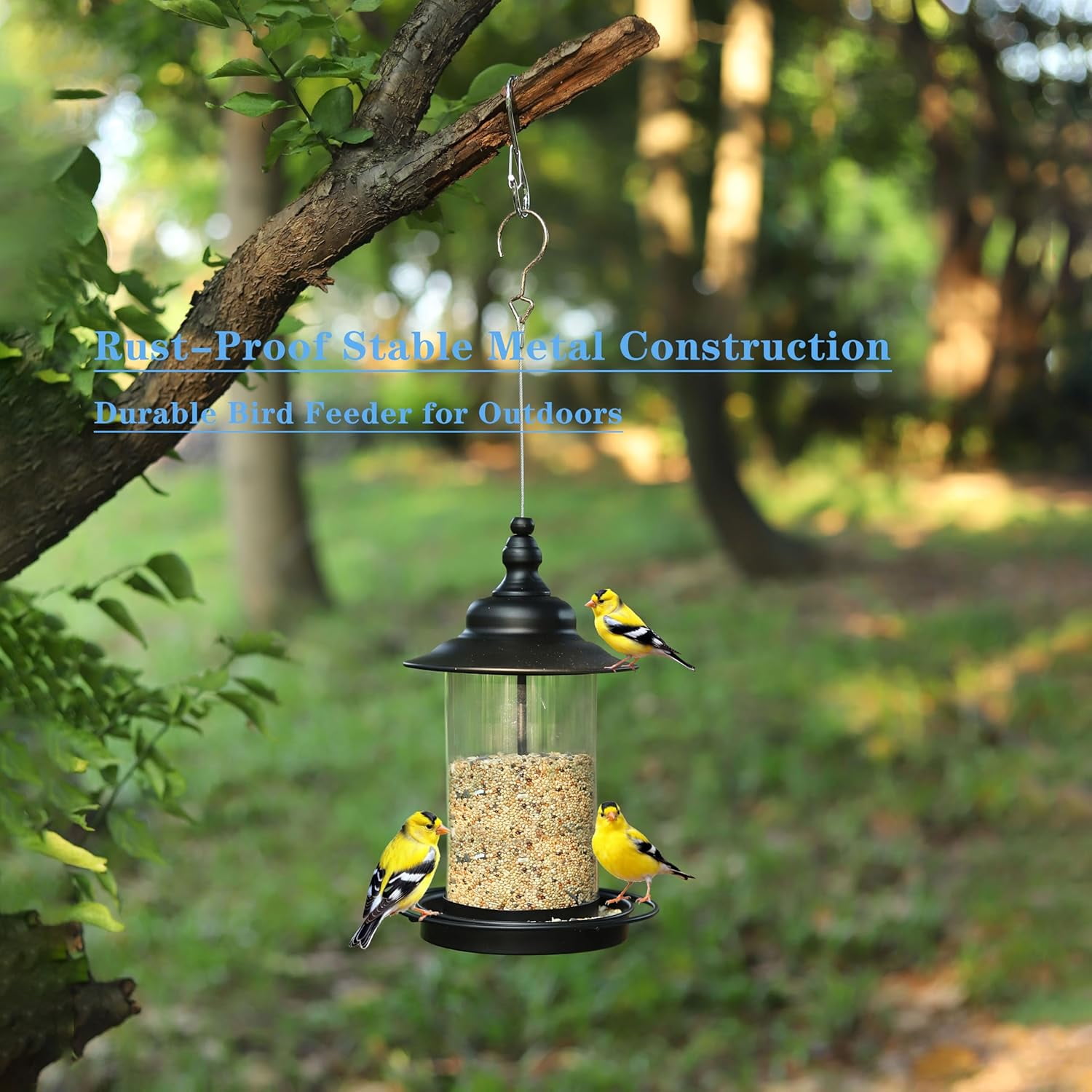 Bird Feeders for Outdoors,Hanging Bird Feeder with Locking Lid, Metal Birdfeeder with 17.5cm Weatherproof Large Roof&Tray,3 Feeding Perches,Chew-Proof, Black,1 Pack$$Garden & Patio