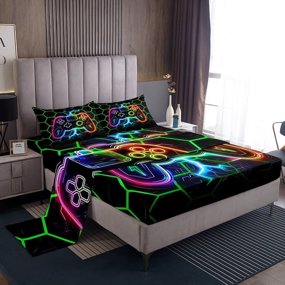 Erosebridal Gaming Sheet Set Twin Teens, Geometry Hexagon Bedding Sets Twin Size, Game Room Decor, 3-Piece (Top Sheet, Fitted Sheet, Pillowcase)