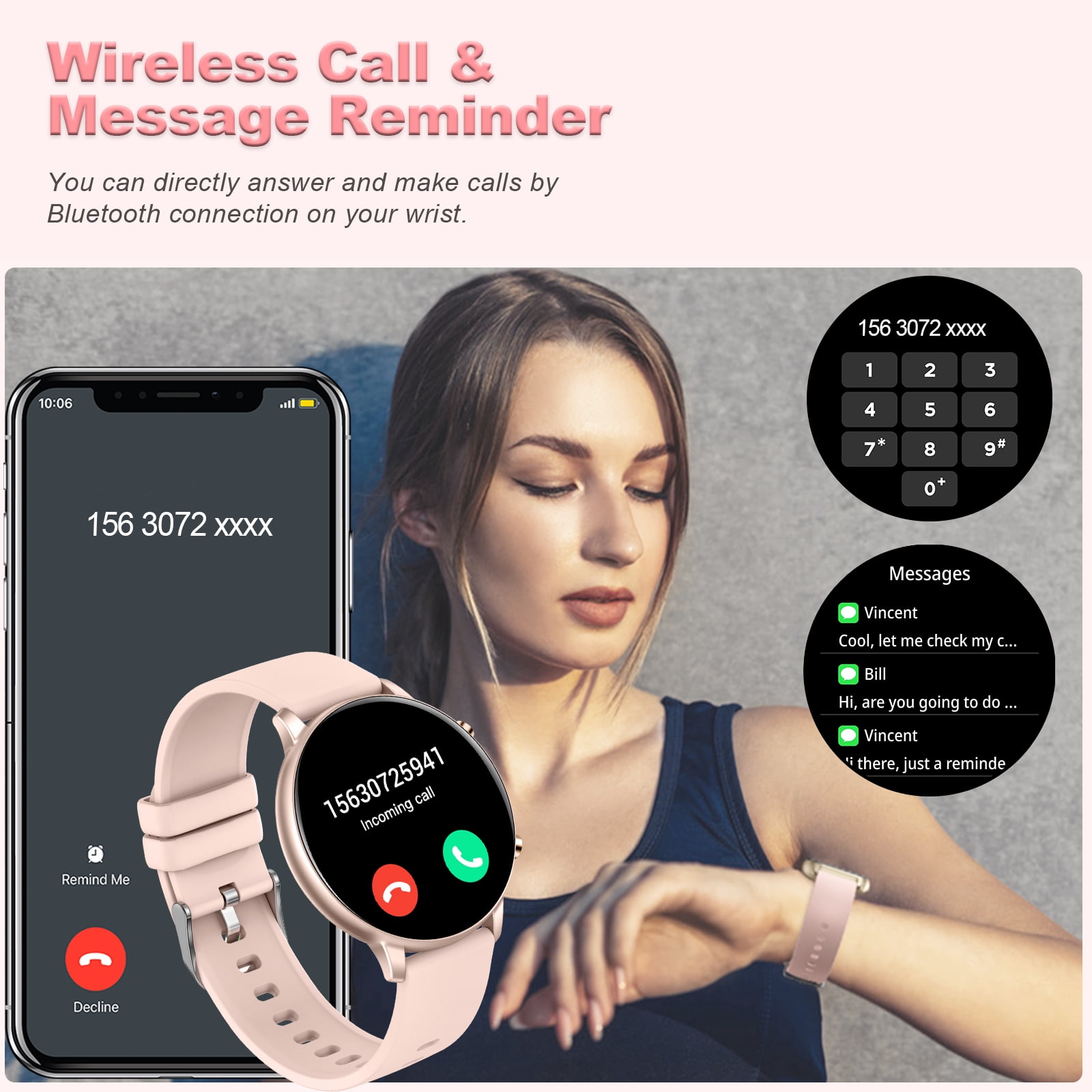 EIGIIS G28 Smart Watch for Men Bluetooth Call (Make/Answer) 1.39" HD Touch Screen Smartwatch with Women’s Weather Pedometer Smartwatch Compatible with iOS Android, 1pc, Pink