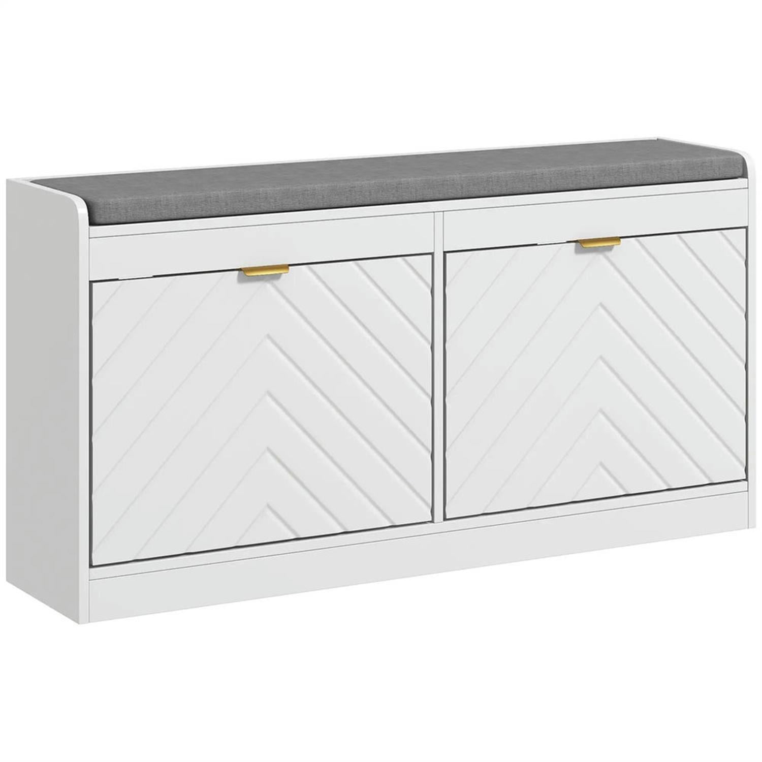 Demi Bonn Narrow Bench Upholstered Entryway Bench, Shoe Storage Bench with 2 Flip Drawers, 2 Ventilated Shoe Rack for 8 Pairs, White